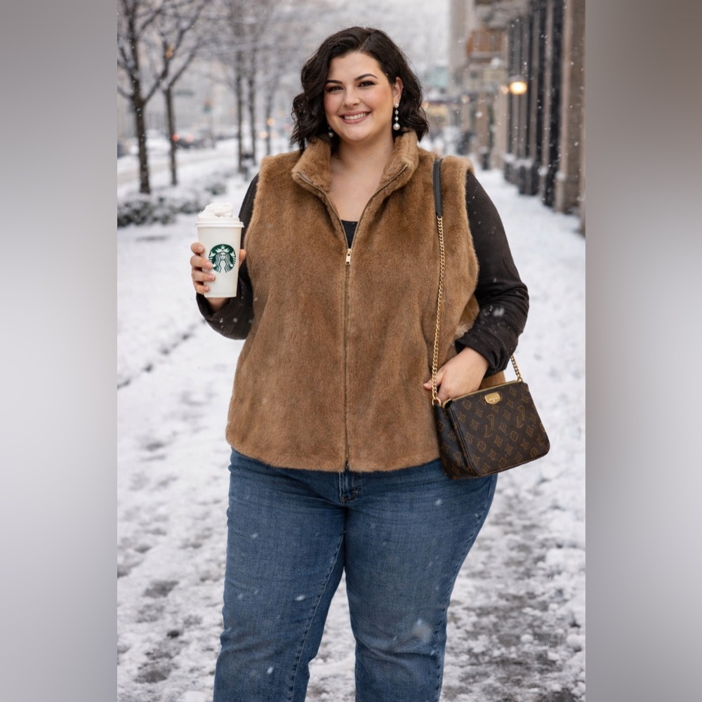 PRICE ⬇️ crown & ivy Plush Faux-Fur Zip Vest in Chestnut Brown
